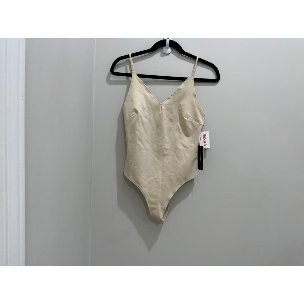 Shinestar Womens V-Neck Spaghetti Strap Bodysuit Cream Beige Size Medium NWT